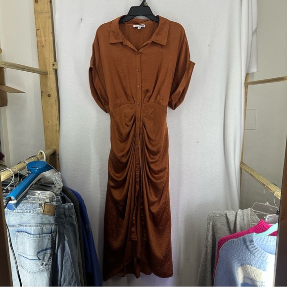 Steve Madden Dresses & Skirts - Steve Madden Satin Tie Waist Midi Shirt Dress Tori Mocha Bisque Size 14